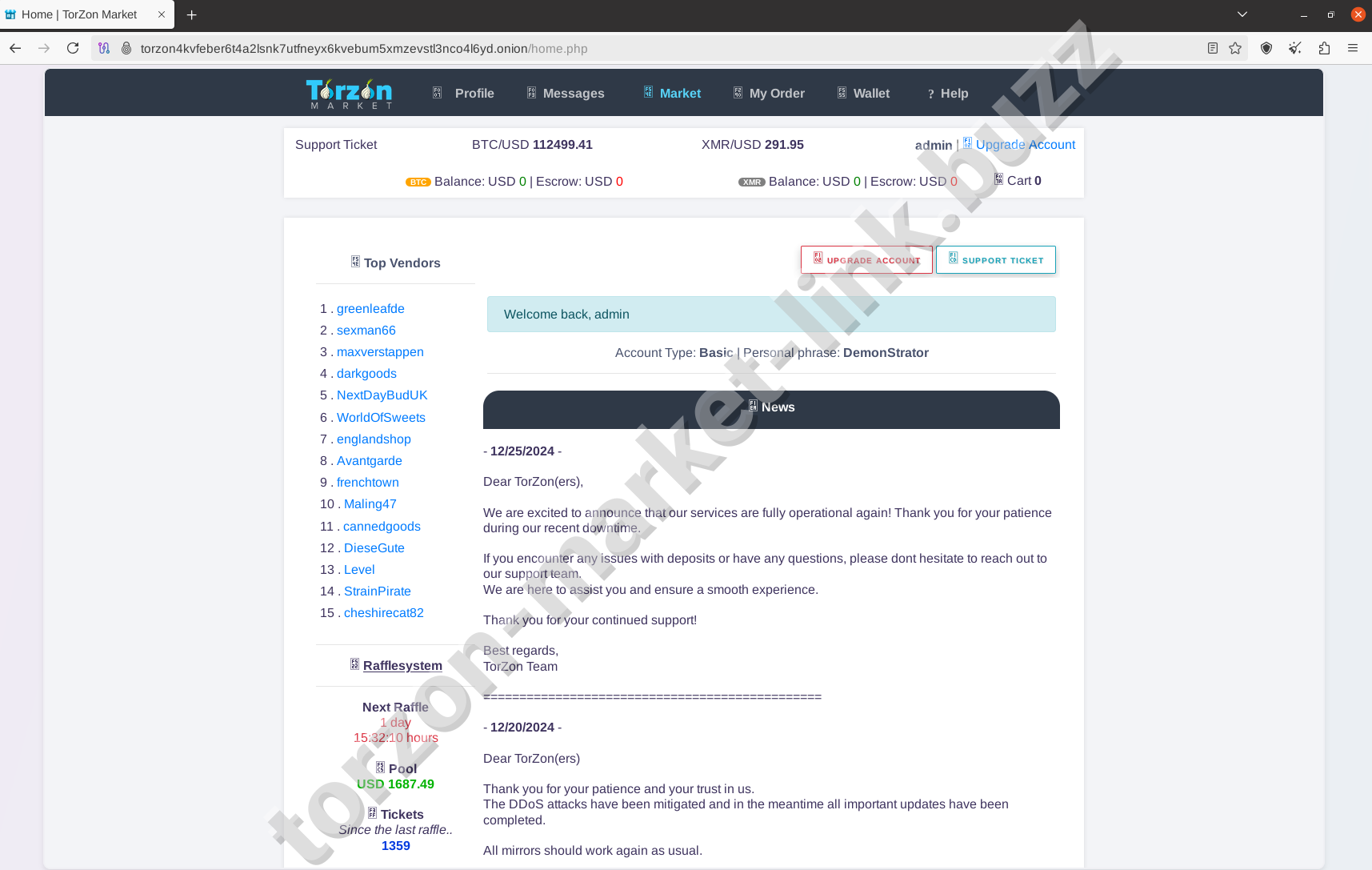 Torzon Market Homepage Dashboard